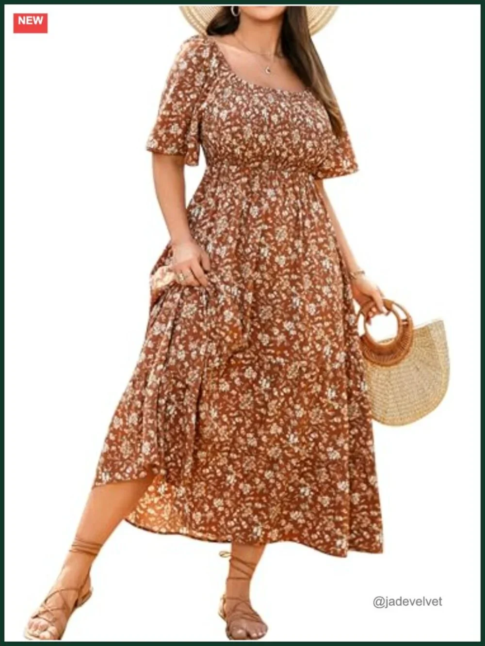 Plus Size Smocked Boho Floral Maxi Dress Square Neck Short Sleeve Wedding Guest - Picture 1 of 6